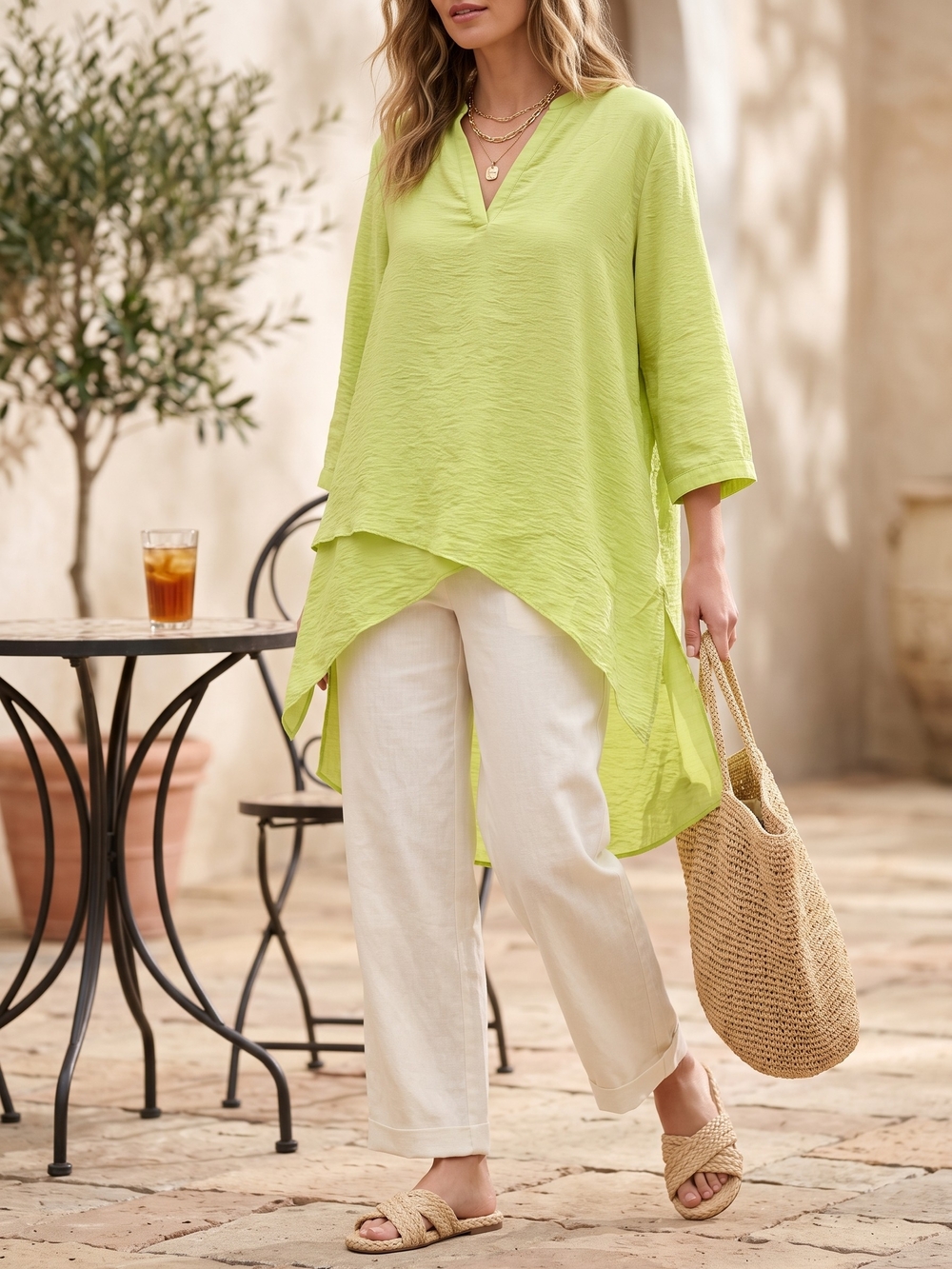 Chico's Citron Resort Asymmetrical Tunic Lagenlook Coastal Vacation Blouse